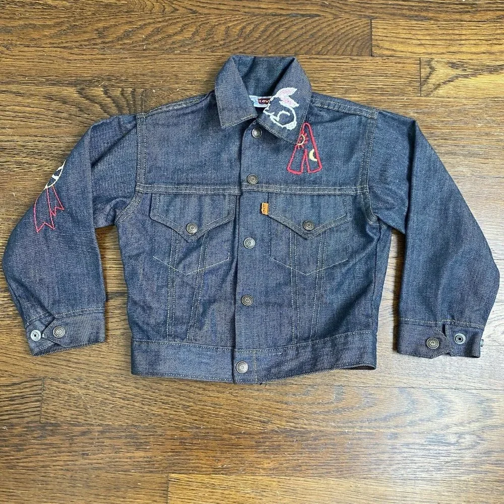 Vintage 1970s Kids Levi’s Denim Jacket with Cool Embroidery, Size 5/6